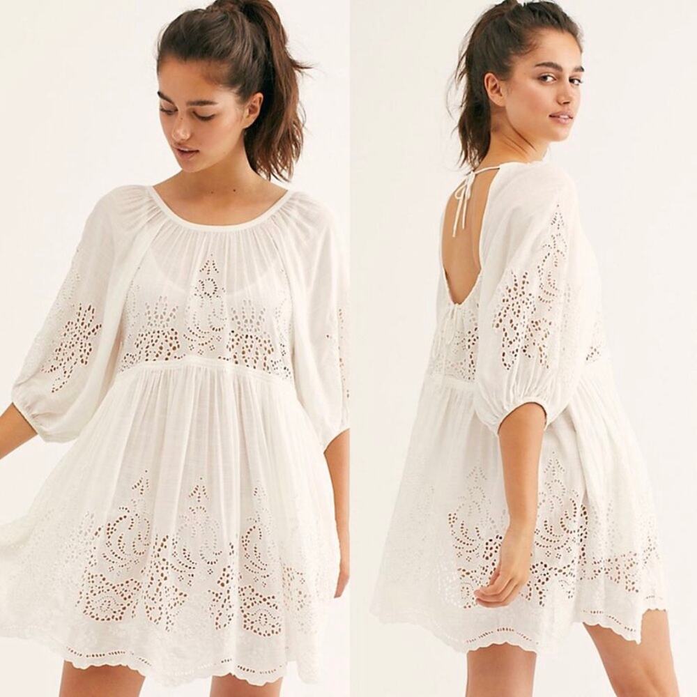 Free People White Eyelet Boho Flowy Balloon Sleeve Dress